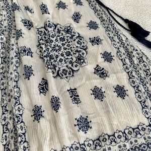 Lulumari White Maxi Bell Sleeve Dress with Navy Print